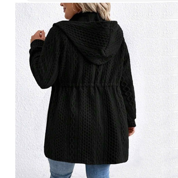 Black Cable Knit Hooded Zip-Up Sweater Coat by Shein Curve Women's 2X - Picture 2 of 15